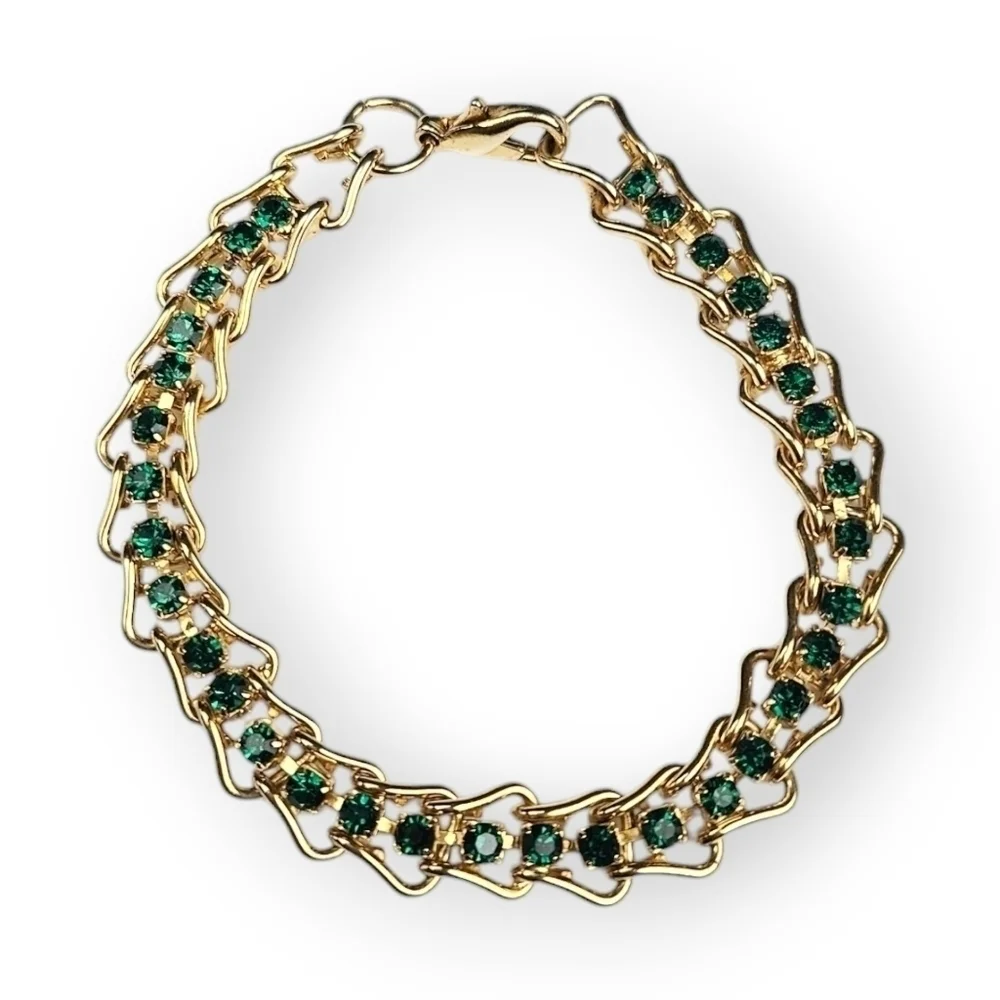 Emerald Green Rhinestone Hook Chain Bracelet Gold Plated Vintage 90s 7.25